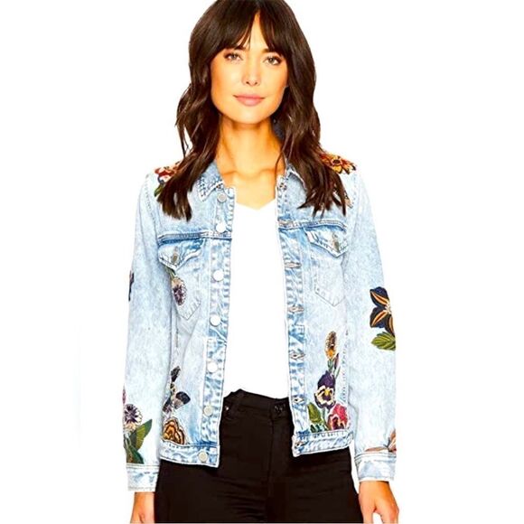 Blank NYC Embroidered Floral Hummingbird Embellished Distressed Denim Jacket - Picture 1 of 15